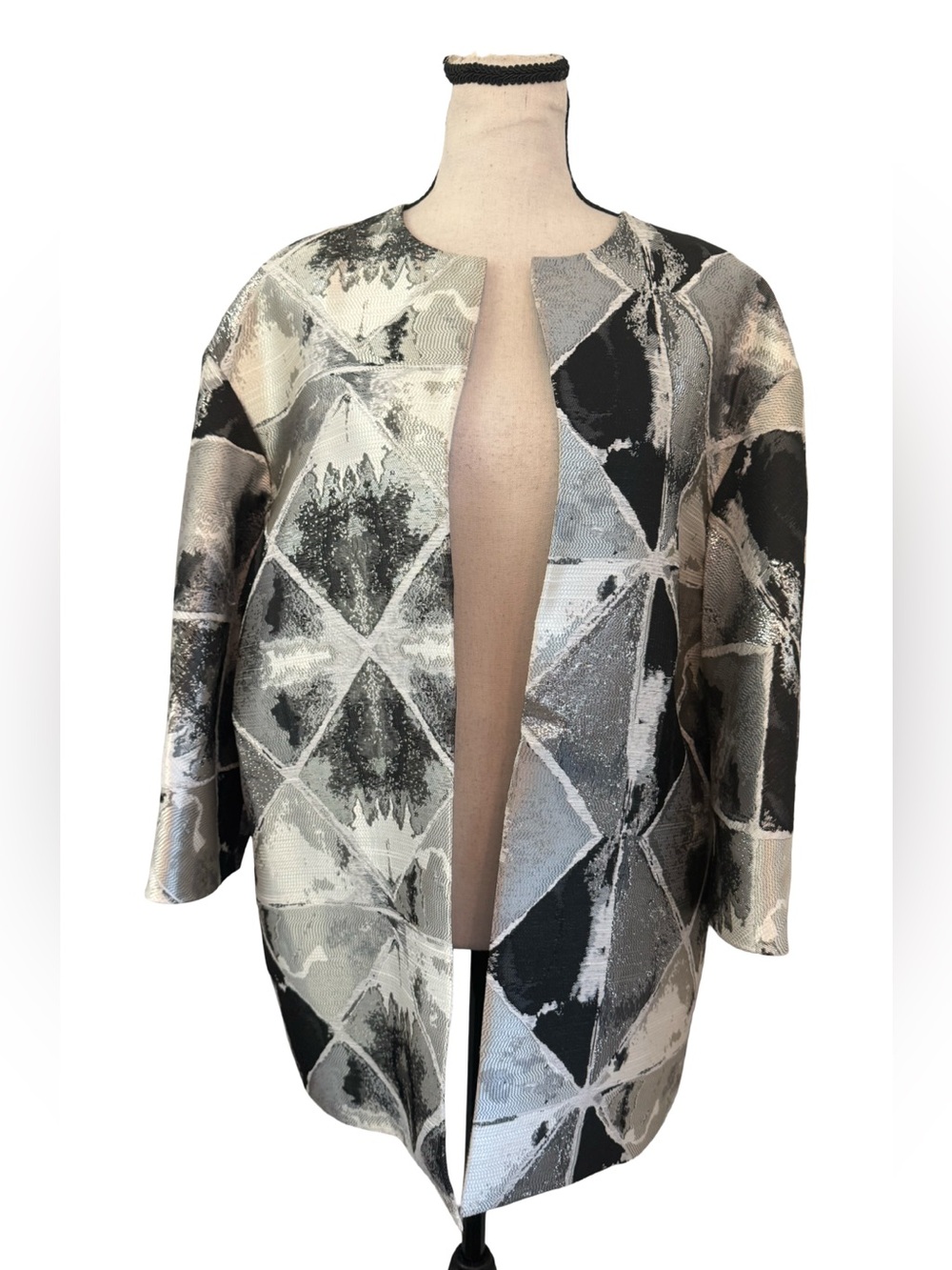Anne Klein Metallic Jacquard Open Front Jacket Black Silver Approx Large Pockets